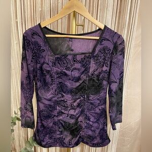 Y2K Sami & Jo Purple Floral witchy top w/  rouching square neck & 3/4 sleeve